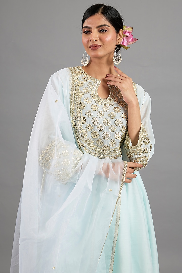 Ice Blue Chanderi Gota-Patti Embroidered A-Line Kurta Set by Saina kapoor at Pernia's Pop Up Shop