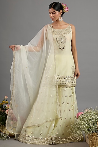 Yellow Chanderi Gota-Patti Embroidered Gharara Set by Saina kapoor
