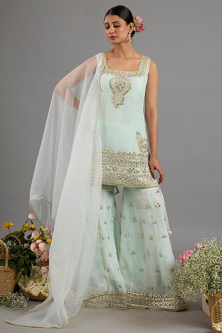 Mint Green Chanderi Gota-Patti Embroidered Gharara Set by Saina kapoor at Pernia's Pop Up Shop