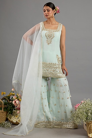 Mint Green Chanderi Gota-Patti Embroidered Gharara Set by Saina kapoor