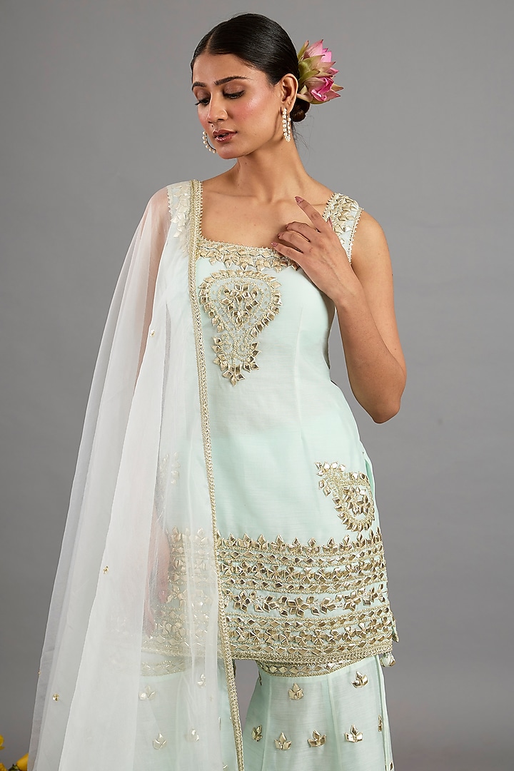 Mint Green Chanderi Gota-Patti Embroidered Gharara Set by Saina kapoor at Pernia's Pop Up Shop