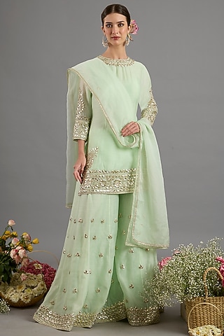 Green Chanderi Gota-Patti Embroidered Gharara Set by Saina kapoor