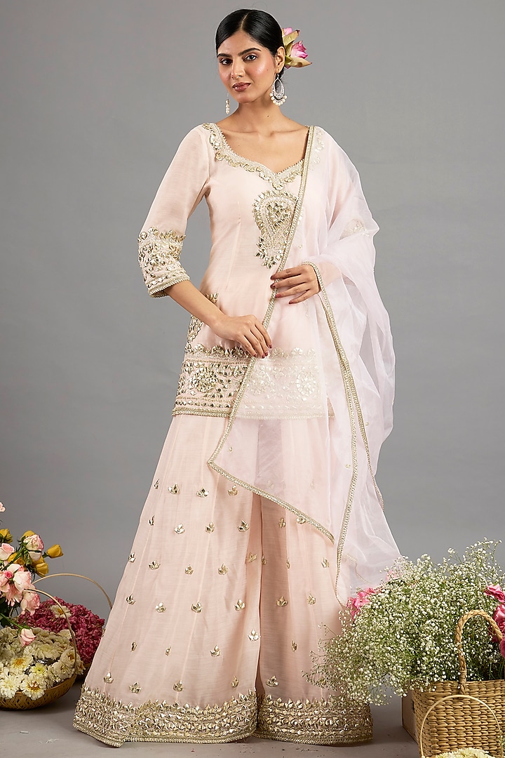 Peach Pink Chanderi Gota-Patti Embroidered Party Wear Sharara Set by Saina kapoor at Pernia's Pop Up Shop