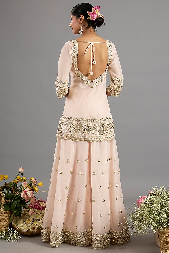 Peach Pink Chanderi Gota-Patti Embroidered Party Wear Sharara Set by Saina kapoor at Pernia's Pop Up Shop