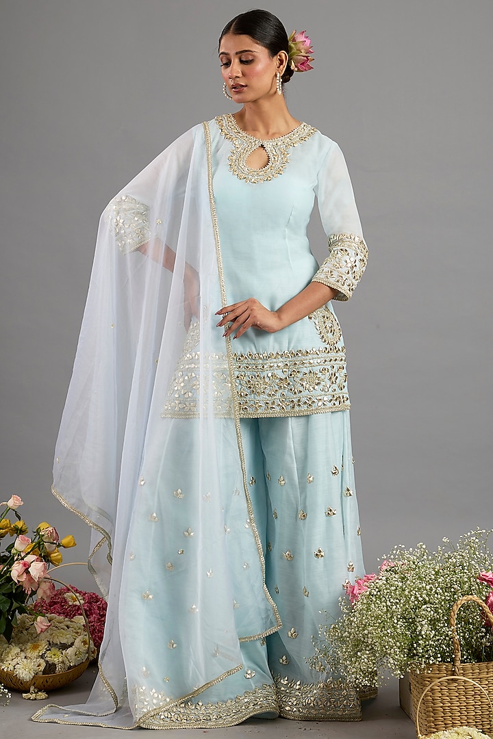 Ice Blue Chanderi Gota-Patti Embroidered Party Wear Sharara Set by Saina kapoor at Pernia's Pop Up Shop