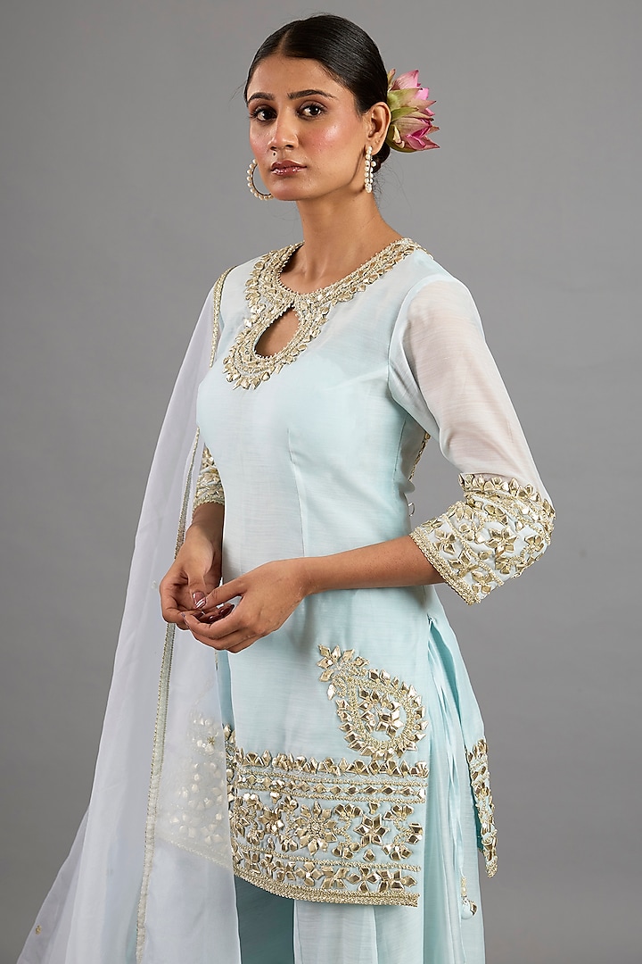 Ice Blue Chanderi Gota-Patti Embroidered Party Wear Sharara Set by Saina kapoor at Pernia's Pop Up Shop