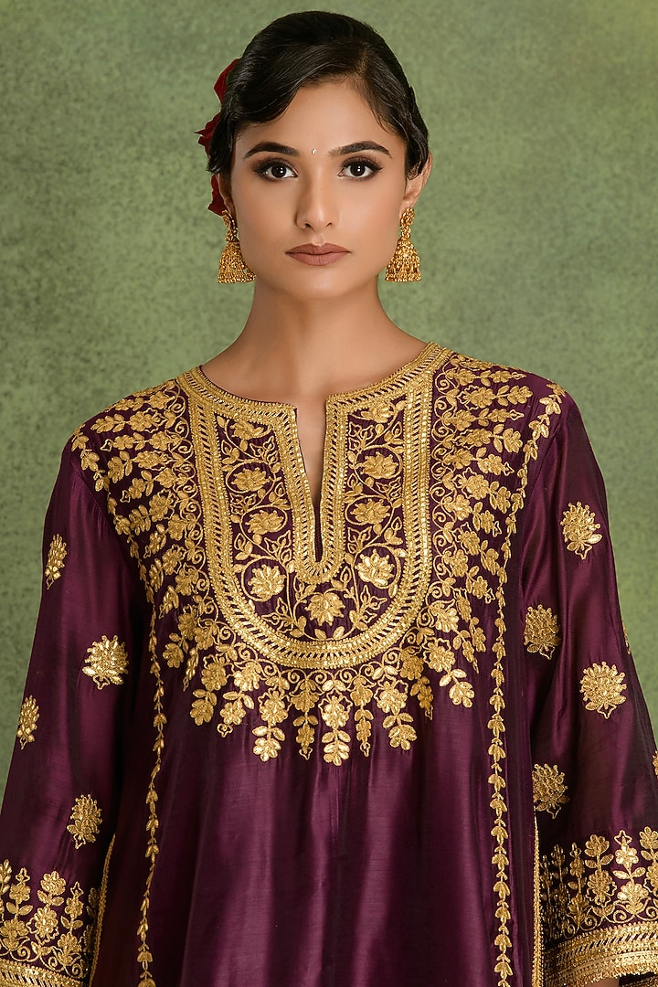 Deep Violet Chanderi Gota Embroidered Kurta Set by saina kapoor at Pernia's Pop Up Shop