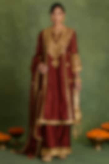 Maroon Red Chanderi Gota Embroidered A-Line Kurta Set by saina kapoor at Pernia's Pop Up Shop