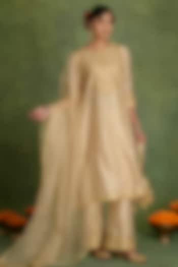 Beige Chanderi Gota Embroidered A-line Kurta Set by saina kapoor at Pernia's Pop Up Shop
