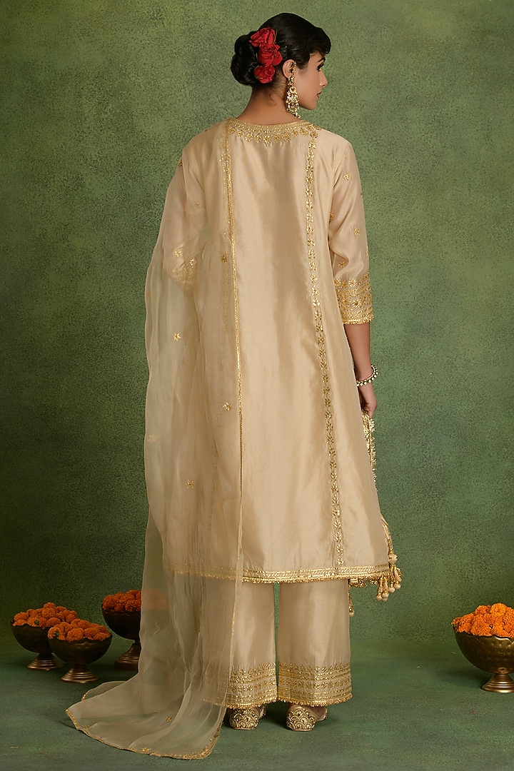 Beige Chanderi Gota Embroidered A-line Kurta Set by saina kapoor at Pernia's Pop Up Shop
