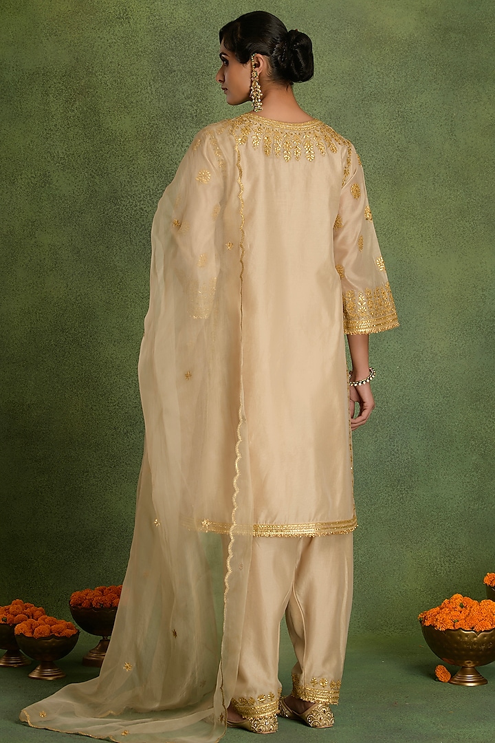 Beige Chanderi Gota Embroidered A-line Kurta Set by saina kapoor at Pernia's Pop Up Shop
