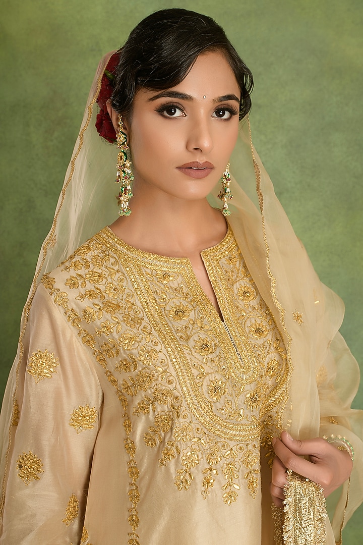 Beige Chanderi Gota Embroidered A-line Kurta Set by saina kapoor at Pernia's Pop Up Shop