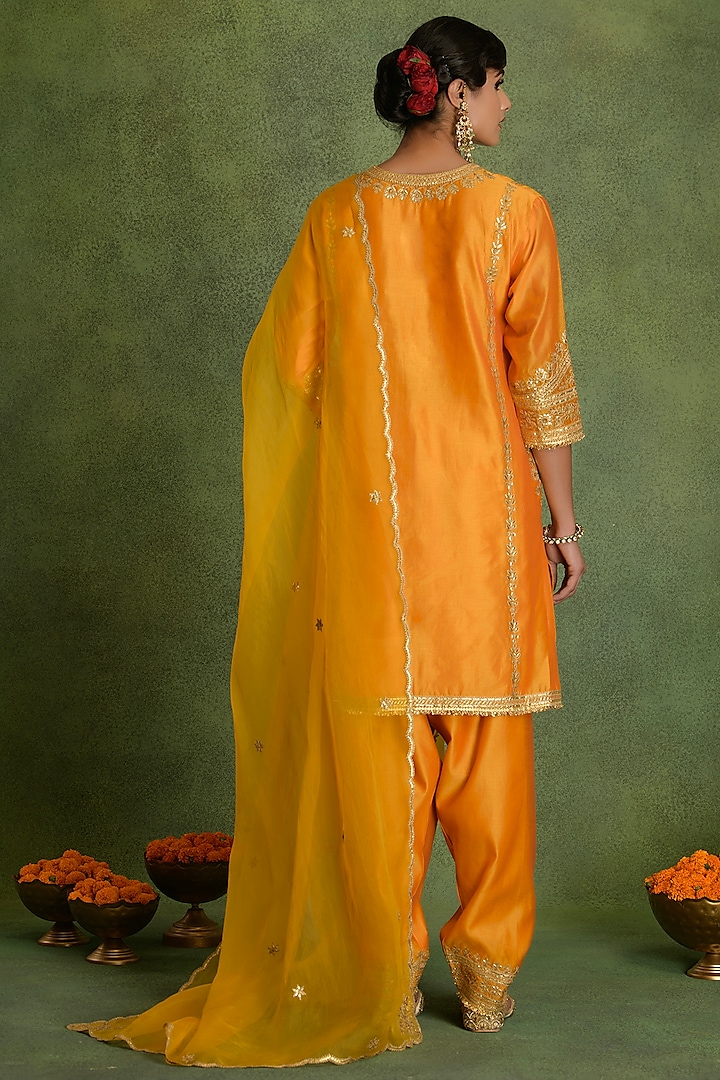 Orange Marigold Chanderi Gota Embroidered A-Line Kurta Set by saina kapoor at Pernia's Pop Up Shop