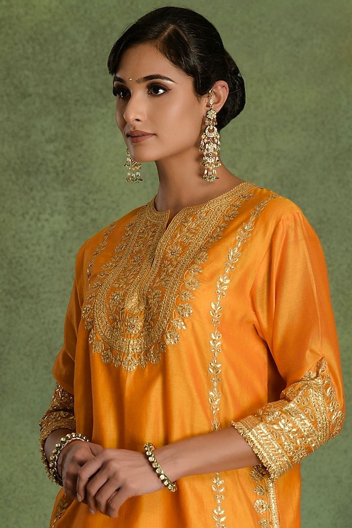 Orange Marigold Chanderi Gota Embroidered A-Line Kurta Set by saina kapoor at Pernia's Pop Up Shop