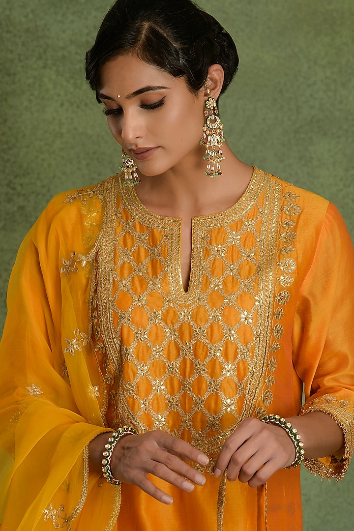 Orange Marigold Chanderi Gota Embroidered A-Line Kurta Set by saina kapoor at Pernia's Pop Up Shop