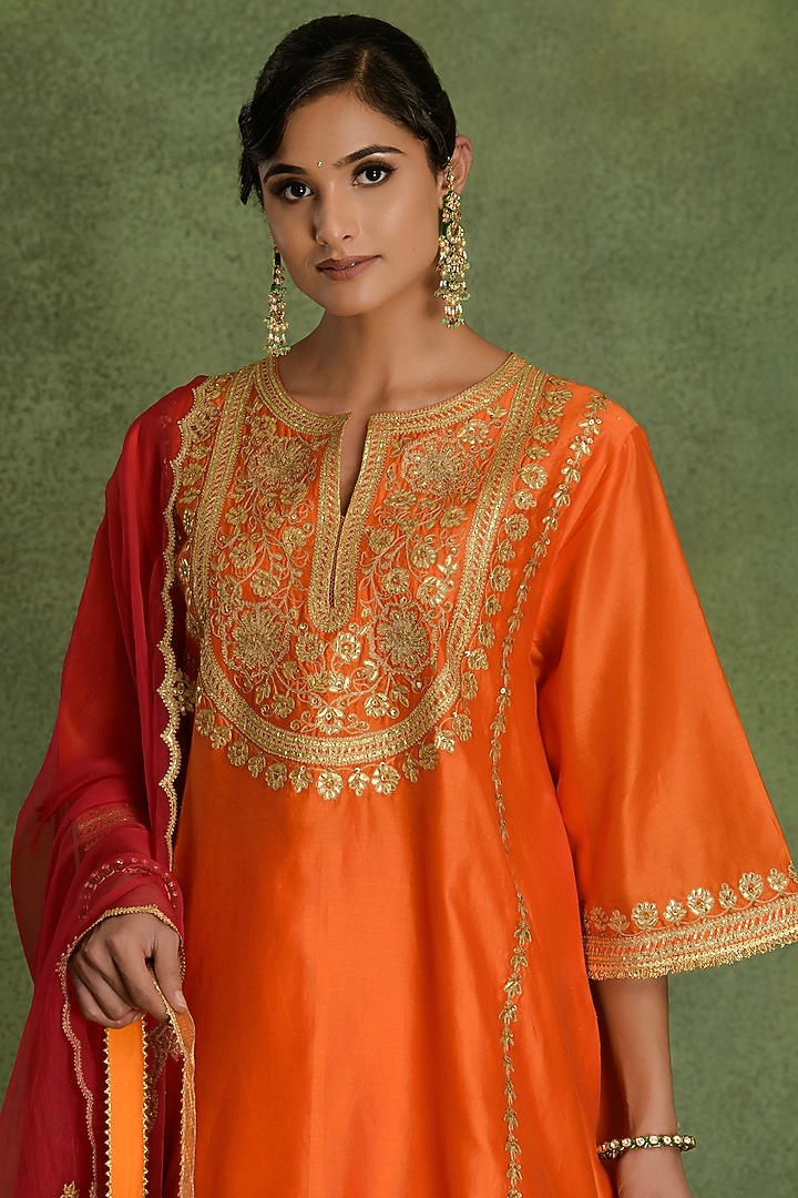 Deep Orange Chanderi Gota Embroidered Kurta Set by saina kapoor at Pernia's Pop Up Shop