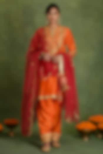 Deep Orange Chanderi Gota Embroidered A-Line Kurta Set by saina kapoor at Pernia's Pop Up Shop