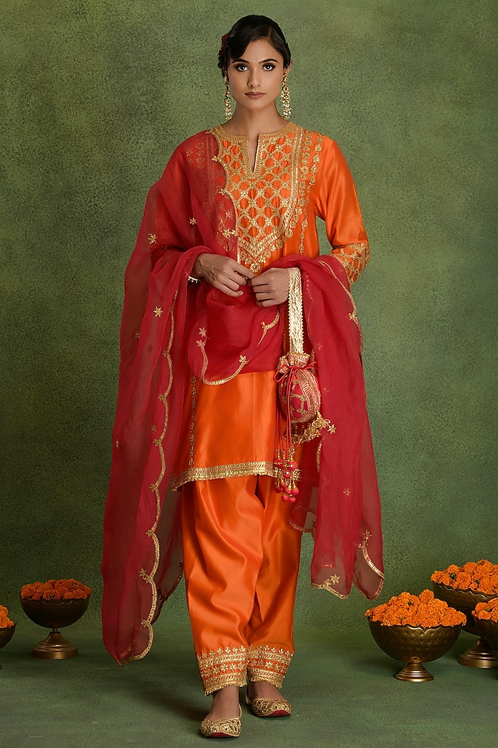 Deep Orange Chanderi Gota Embroidered A-Line Kurta Set by saina kapoor at Pernia's Pop Up Shop