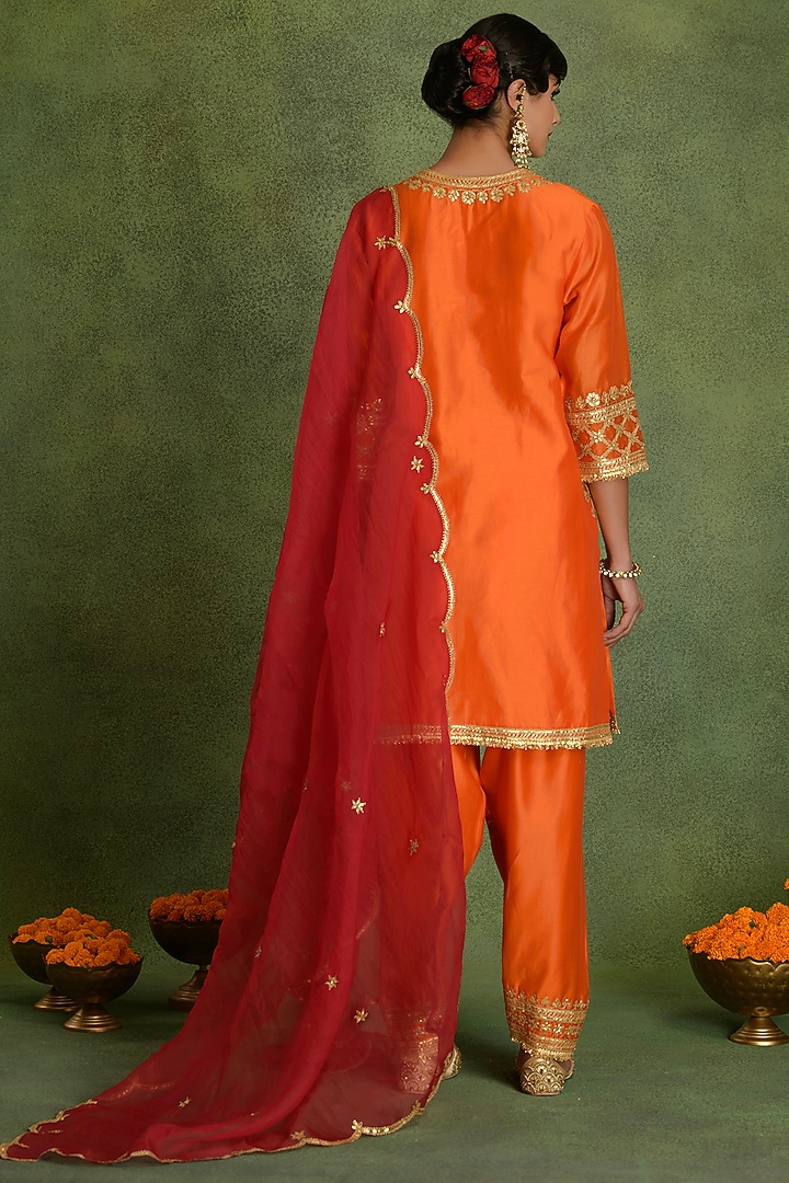 Deep Orange Chanderi Gota Embroidered A-Line Kurta Set by saina kapoor at Pernia's Pop Up Shop