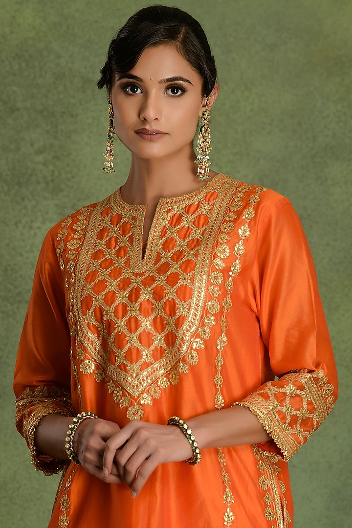 Deep Orange Chanderi Gota Embroidered A-Line Kurta Set by saina kapoor at Pernia's Pop Up Shop