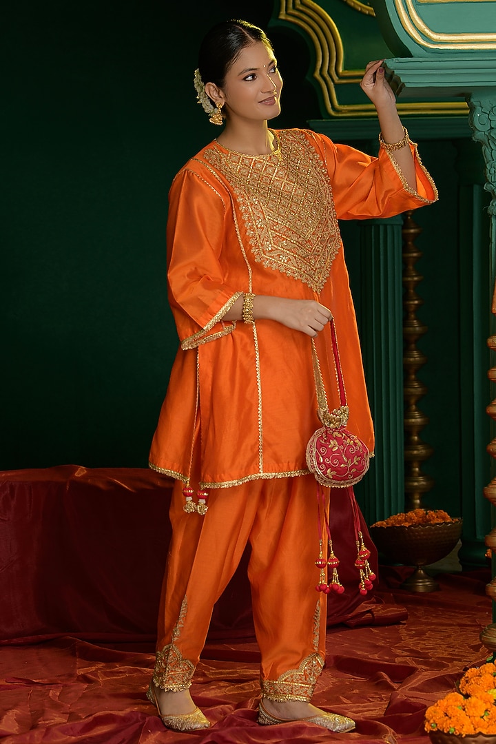 Deep Orange Chanderi Choga Set by Saina kapoor at Pernia's Pop Up Shop
