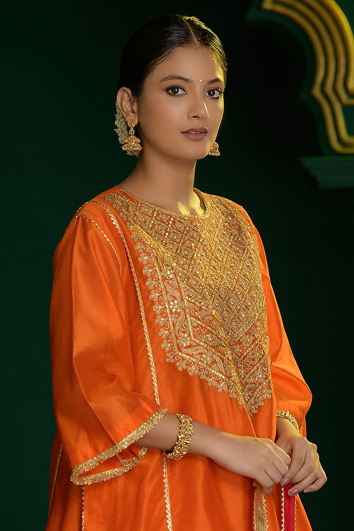 Deep Orange Chanderi Choga Set by Saina kapoor at Pernia's Pop Up Shop