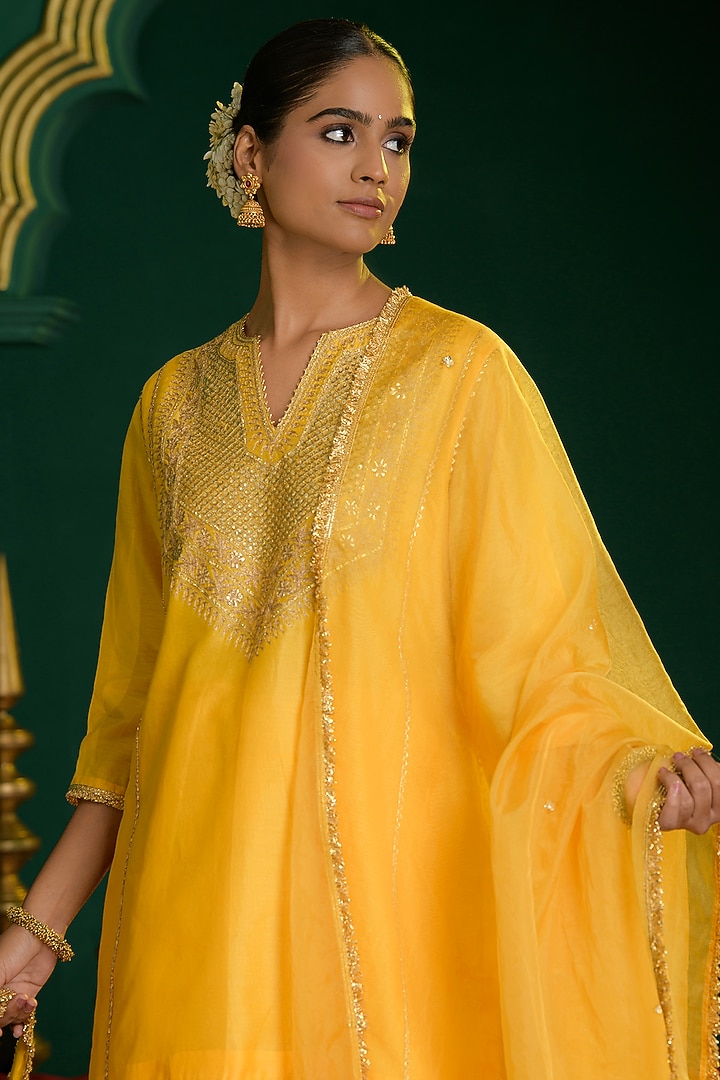 Yellow Chanderi Gota Embroidered Short A-Line Kurta Set by Saina kapoor at Pernia's Pop Up Shop