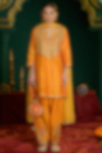 Marigold Orange Chanderi Gota Embroidered Short A-Line Kurta Set by Saina kapoor at Pernia's Pop Up Shop