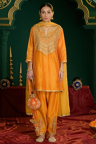 Marigold Orange Chanderi Gota Embroidered Short A-Line Kurta Set by Saina kapoor
