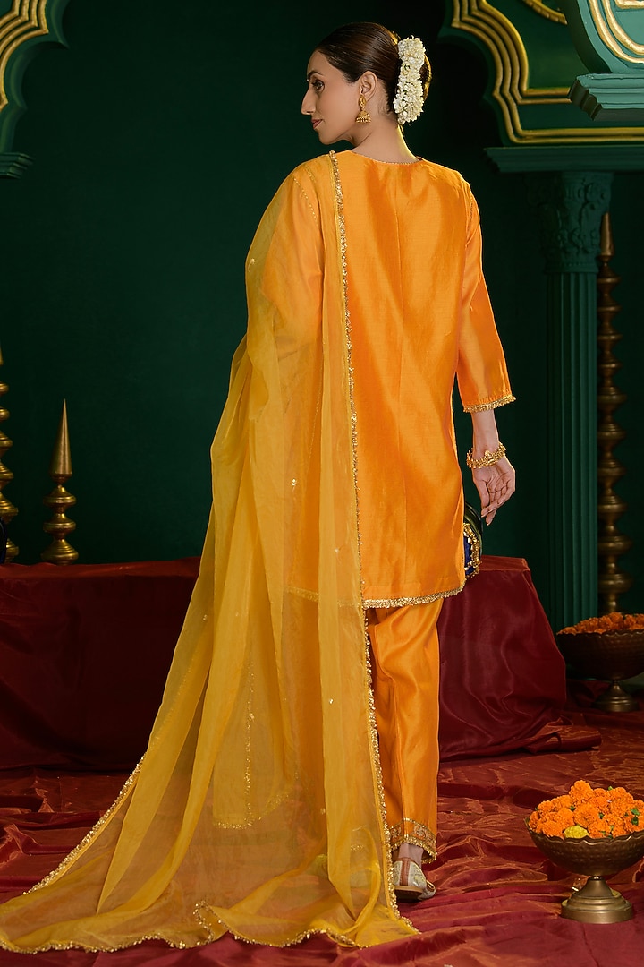 Marigold Orange Chanderi Gota Embroidered Short A-Line Kurta Set by Saina kapoor at Pernia's Pop Up Shop