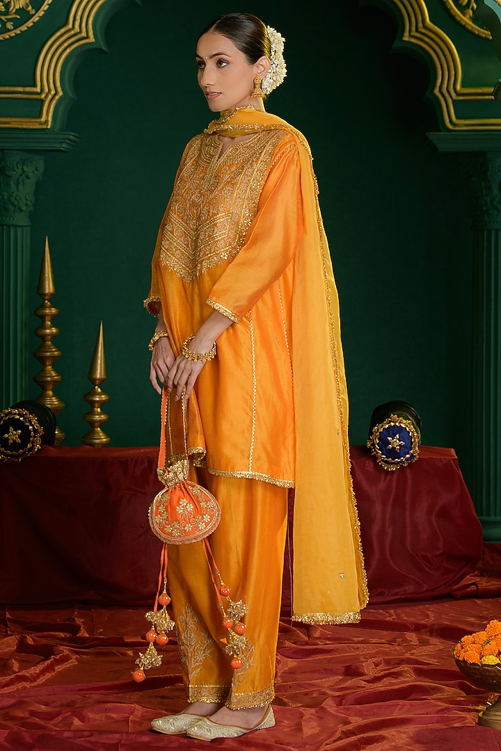 Marigold Orange Chanderi Gota Embroidered Short A-Line Kurta Set by Saina kapoor at Pernia's Pop Up Shop