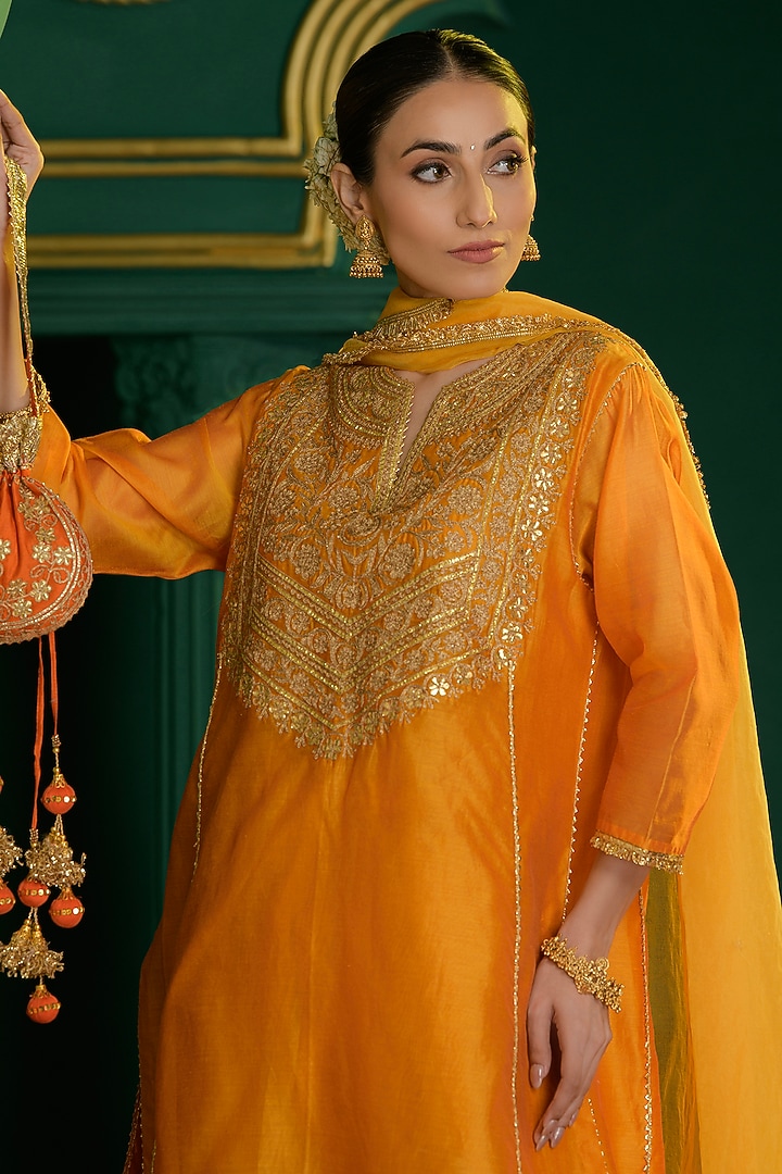 Marigold Orange Chanderi Gota Embroidered Short A-Line Kurta Set by Saina kapoor at Pernia's Pop Up Shop