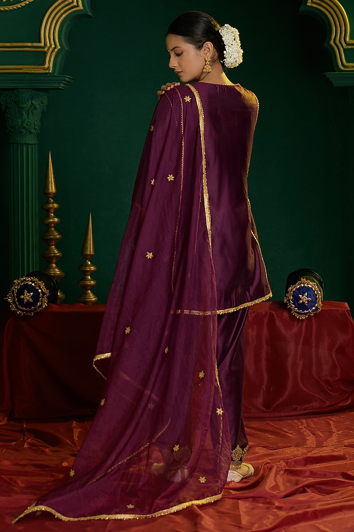 Deep Violet Chanderi Gota Embroidered Short A-Line Kurta Set by Saina kapoor at Pernia's Pop Up Shop