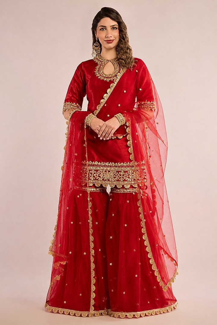Red Dupion Gota Patti Embroidered Gharara Set by Saina kapoor at Pernia's Pop Up Shop