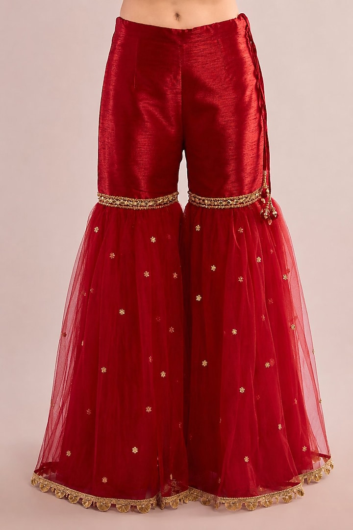 Red Dupion Gota Patti Embroidered Gharara Set by Saina kapoor at Pernia's Pop Up Shop