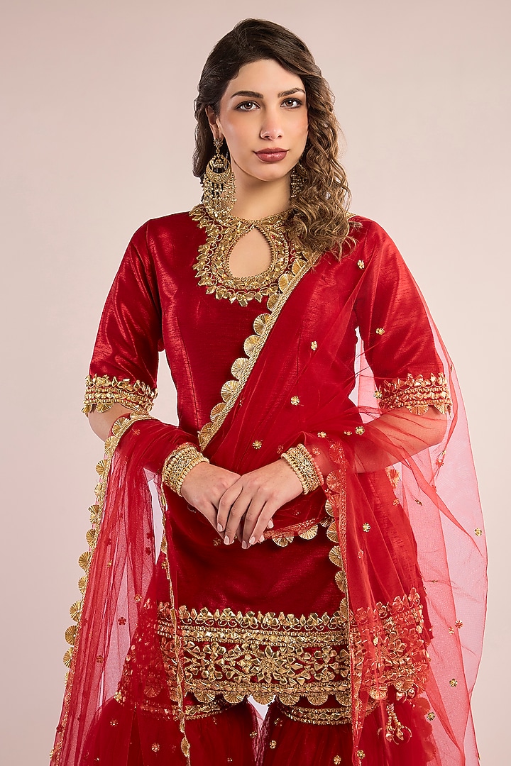Red Dupion Gota Patti Embroidered Gharara Set by Saina kapoor at Pernia's Pop Up Shop