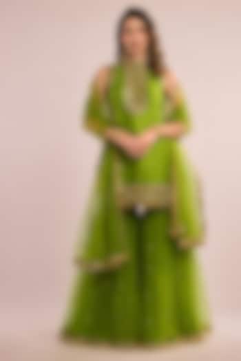 Parrot Green Dupion Gota Patti Embroidered Gharara Set by Saina kapoor at Pernia's Pop Up Shop