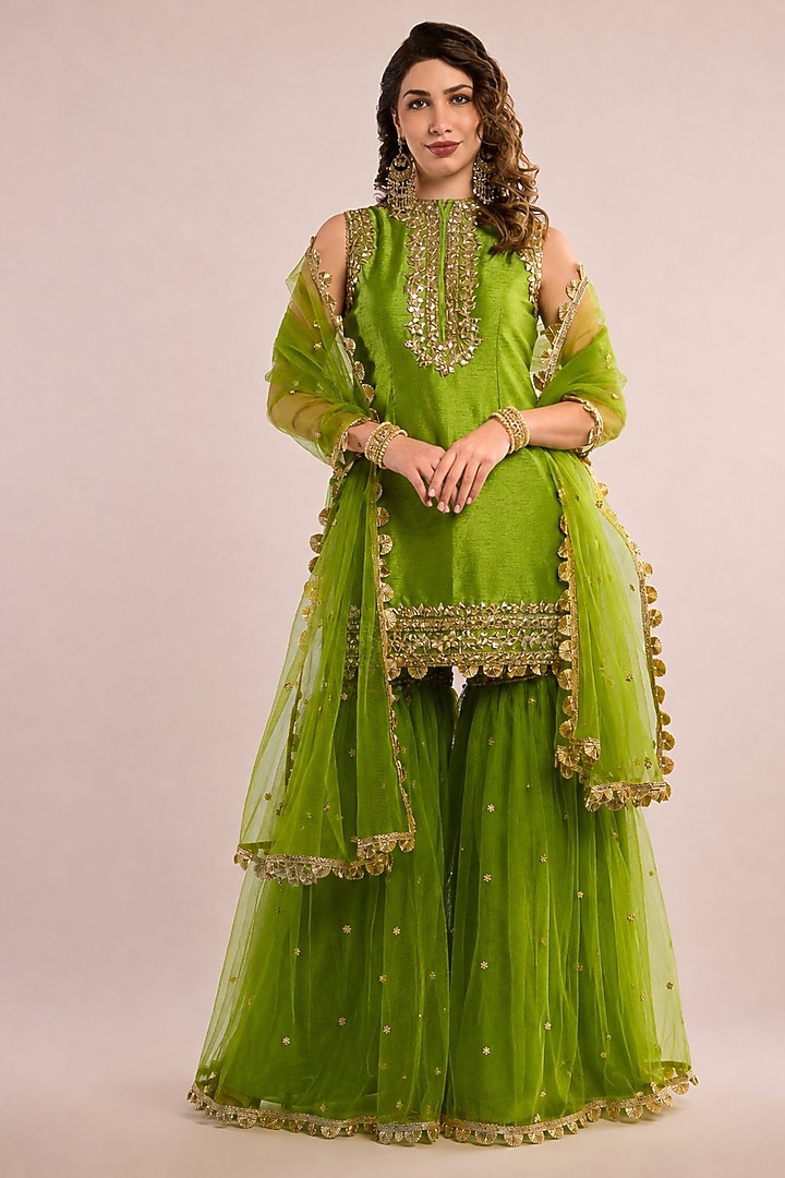 Parrot Green Dupion Gota Patti Embroidered Gharara Set by Saina kapoor at Pernia's Pop Up Shop