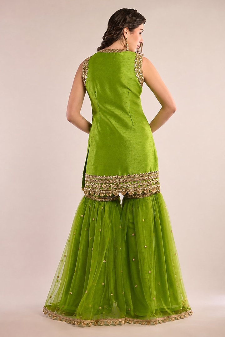 Parrot Green Dupion Gota Patti Embroidered Gharara Set by Saina kapoor at Pernia's Pop Up Shop