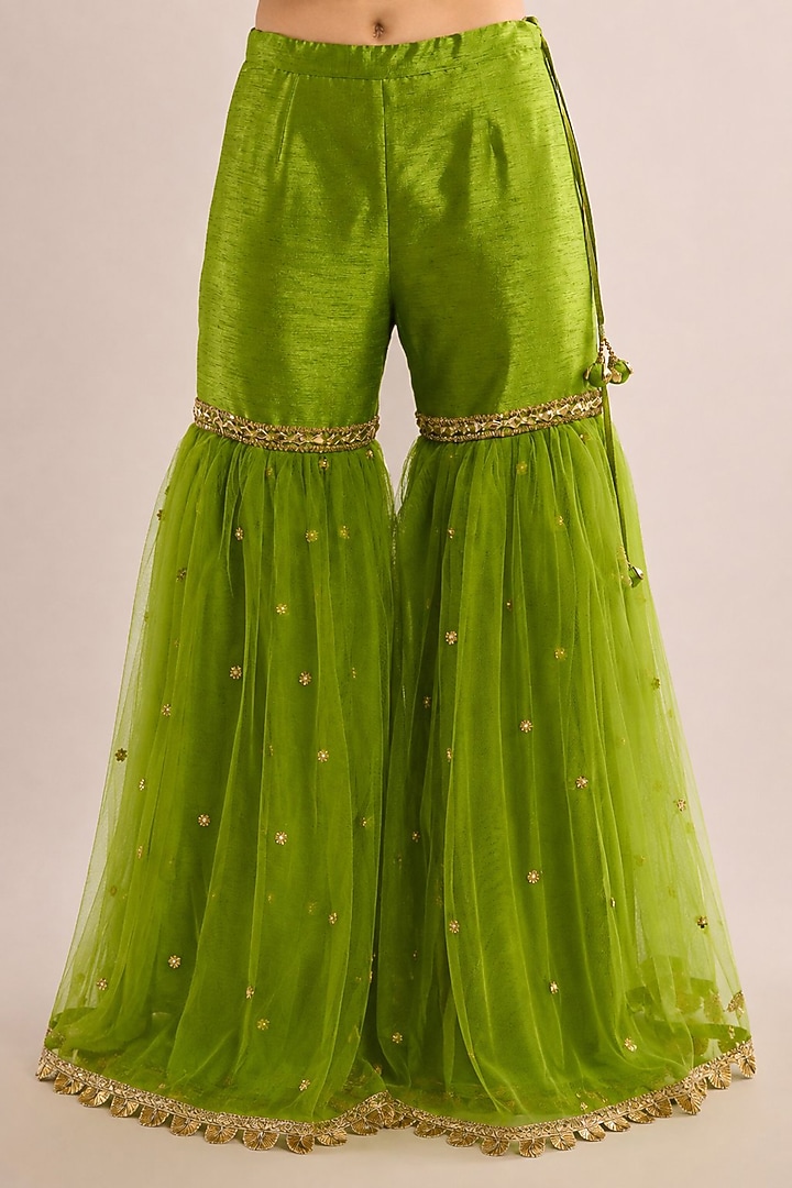 Parrot Green Dupion Gota Patti Embroidered Gharara Set by Saina kapoor at Pernia's Pop Up Shop