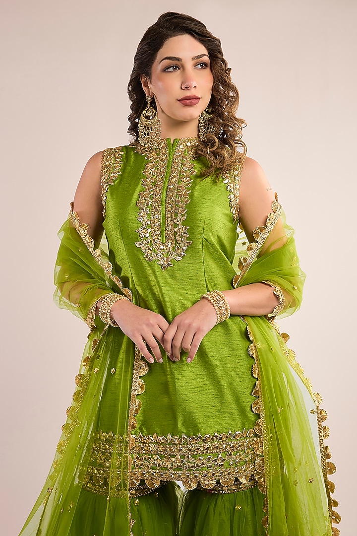 Parrot Green Dupion Gota Patti Embroidered Gharara Set by Saina kapoor at Pernia's Pop Up Shop