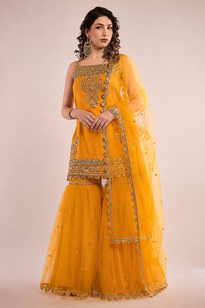 Yellow Dupion Sequin Embroidered Gharara Set by Saina kapoor at Pernia's Pop Up Shop