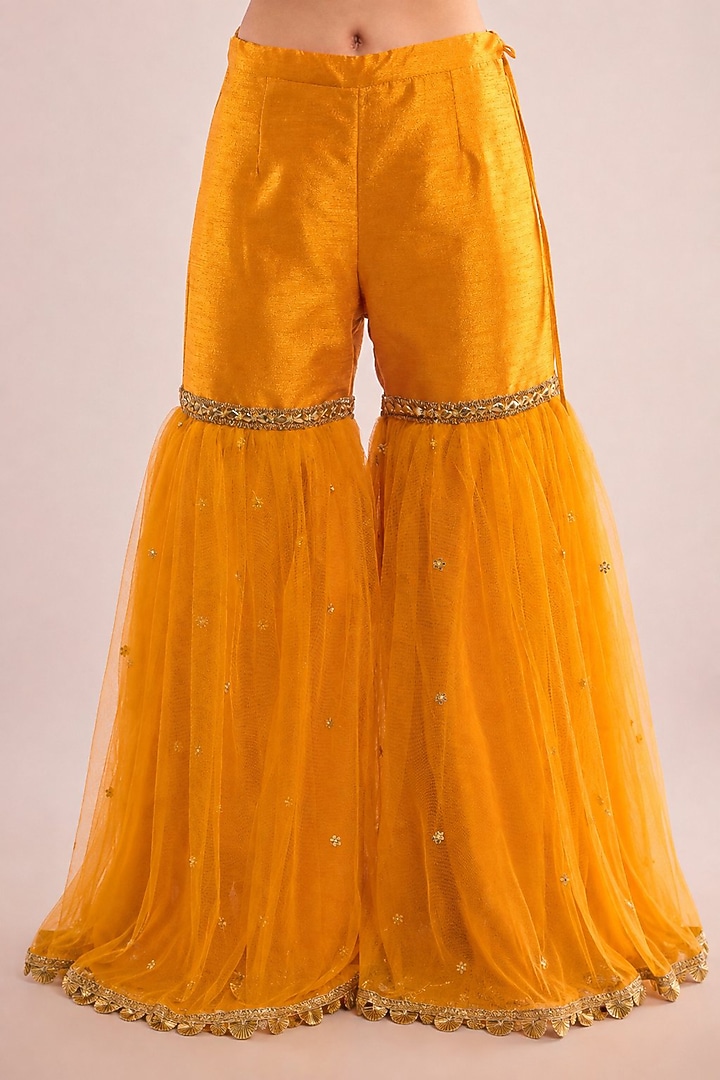 Yellow Dupion Sequin Embroidered Gharara Set by Saina kapoor at Pernia's Pop Up Shop