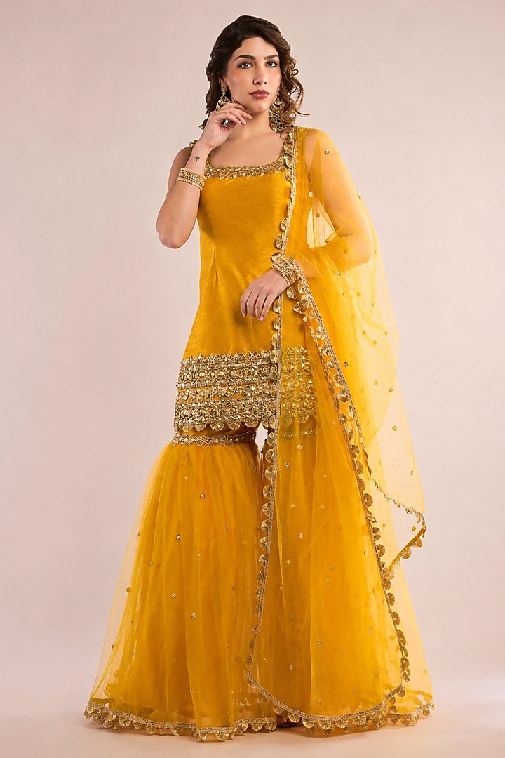 Yellow Dupion Gota Patti Embroidered Gharara Set by Saina kapoor at Pernia's Pop Up Shop