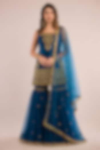 Teal Blue Dupion Gota Patti Embroidered Gharara Set by Saina kapoor at Pernia's Pop Up Shop