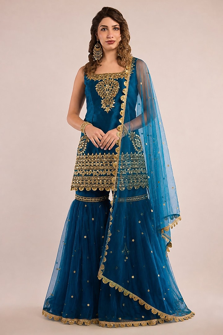 Teal Blue Dupion Gota Patti Embroidered Gharara Set by Saina kapoor at Pernia's Pop Up Shop