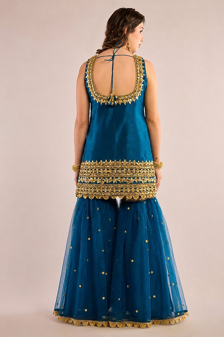 Teal Blue Dupion Gota Patti Embroidered Gharara Set by Saina kapoor at Pernia's Pop Up Shop