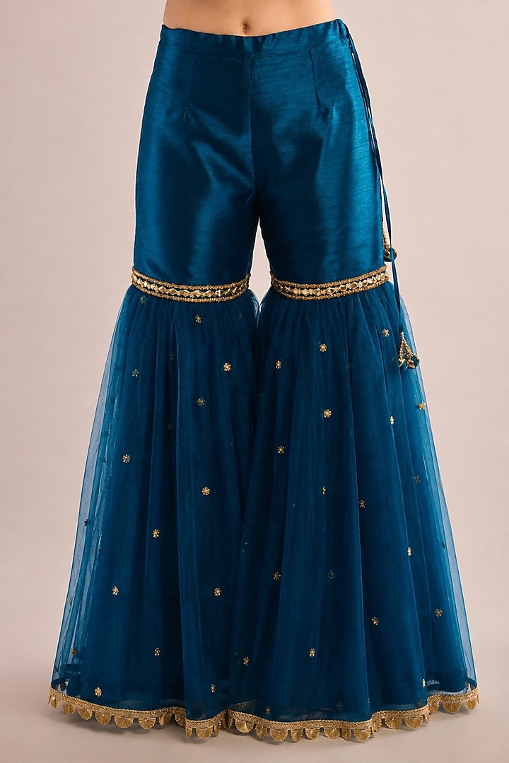 Teal Blue Dupion Gota Patti Embroidered Gharara Set by Saina kapoor at Pernia's Pop Up Shop