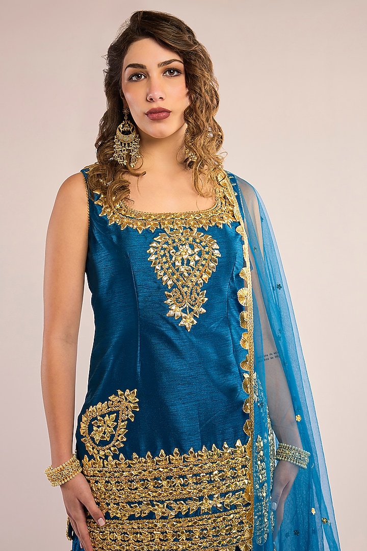 Teal Blue Dupion Gota Patti Embroidered Gharara Set by Saina kapoor at Pernia's Pop Up Shop