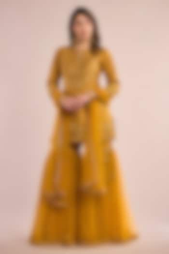 Mustard Yellow Dupion Sequin Embroidered Gharara Set by Saina kapoor at Pernia's Pop Up Shop
